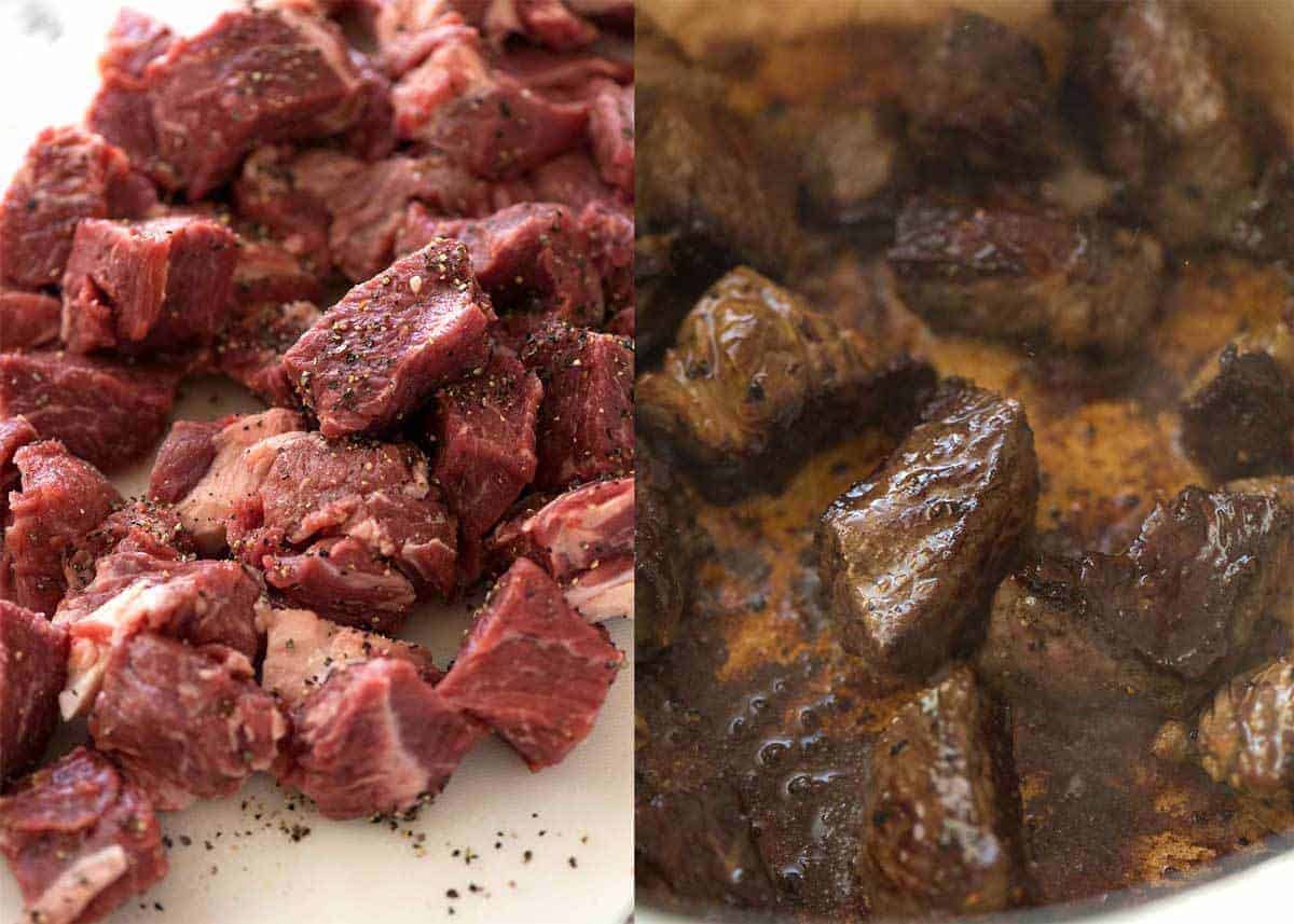 在马普罗的牛肉上，牛肉和牛肉在烤锅里，用了盐，把番茄酱切成两半。